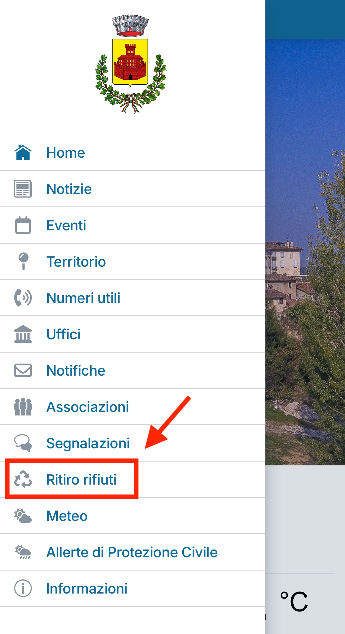 Accedi alla app comunale e apri il menù. Seleziona 